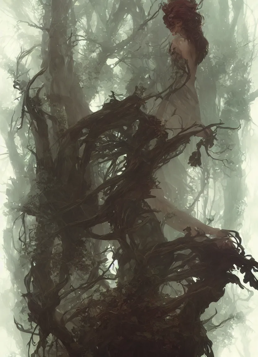 Image similar to dark wizard of forest, elegant, highly detailed, digital painting, artstation, concept art, matte, sharp focus, illustration, art by artgerm and greg rutkowski and alphonse mucha