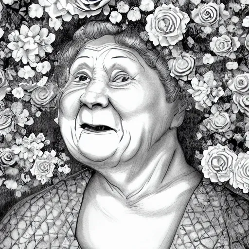 Image similar to of a very funny ambient occlusion render. a sweet fat old woman is in love with her self. flowery dress. symmetrical face, red mouth, blue eyes. deep focus, lovely scene. ambient occlusion render. concept art. unreal engine. pencil and ink. goya painting style.