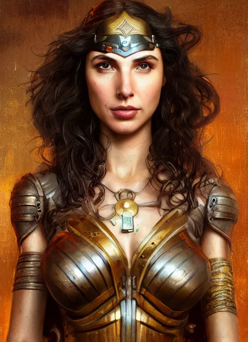 Image similar to steampunk portrait of gal gadot, hyper detailed, digital art, cinematic lighting, studio quality, smooth render, unreal engine 5, octane rendered, art style by klimt and nixeu and ian sprigger and wlop and krenz cushart.