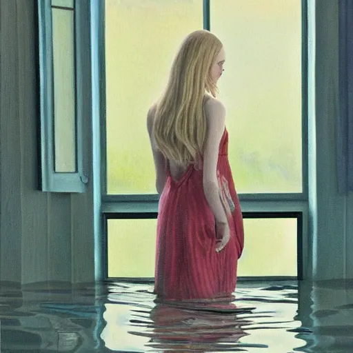 Image similar to painting of Elle Fanning in a flooded house interior, precisionism style