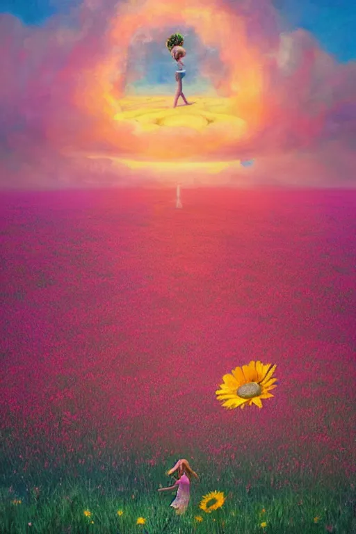 Image similar to giant daisy flower as head, girl dancing in a flower field, surreal photography, sunrise, dramatic light, impressionist painting, colorful clouds, digital painting, artstation, simon stalenhag