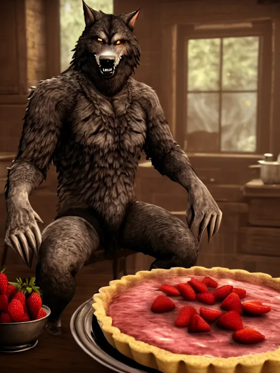 Image similar to cute handsome cuddly burly surly relaxed calm timid werewolf from van helsing sitting down at the breakfast table in the kitchen of a normal suburban home having fun baking strawberry tart cakes unreal engine hyperreallistic render 8k character concept art masterpiece screenshot from the video game the Elder Scrolls V: Skyrim