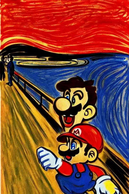 Prompt: super mario as the scream by edvard munch