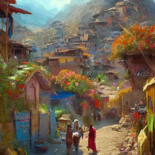 Image similar to colorful Kurdish village, anime, a fantasy digital painting by Greg Rutkowski and James Gurney, trending on Artstation, highly detailed