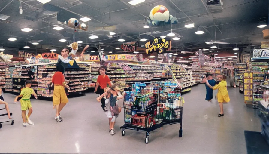 Prompt: 1990s photo of inside the Boring News Grown up errands ride at Universal Studios in Orlando, Florida, children riding on minivans through a grocery store , flying soccer balls, cinematic, UHD