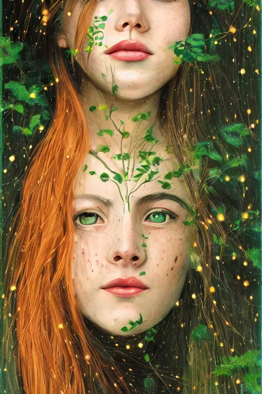 Image similar to infp young woman, smiling, amazed by golden fireflies lights, sitting in the midst of nature fully covered, long loose red hair, intricate linework, green eyes, small nose with freckles, oval shape face, realistic, expressive emotions, dramatic lights, spiritual scene, hyper realistic ultrafine art by cecco del caravaggio and albert bierstadt and artgerm