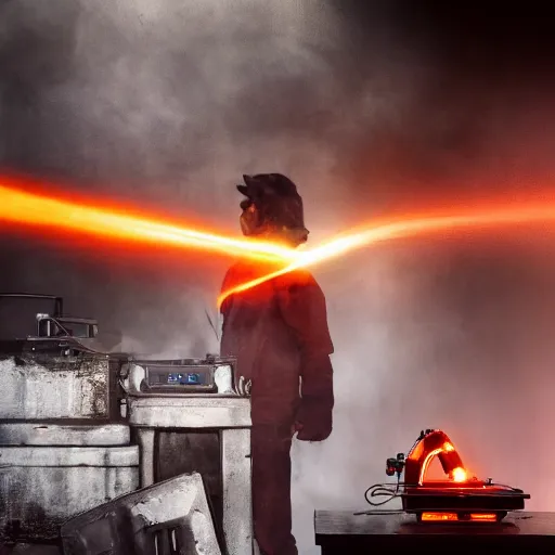 Image similar to cyborg toaster oven repairman, dark messy smoke - filled cluttered workshop, dark, dramatic lighting, orange tint, sparks, plasma rays, cinematic, highly detailed, sci - fi, futuristic, movie still, rule of thirds composition