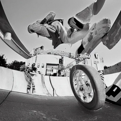 Image similar to award winning close up, black and white only, photo of, Tony Hawk, skateboarding, doing the loop, in the 1986 vert contest, by J. Grant Brittain, Atiba Jefferson, C. R. Stecyk III, fisheye lens, detailed faces, detailed skateboard, 8k, sharp image, balanced composition