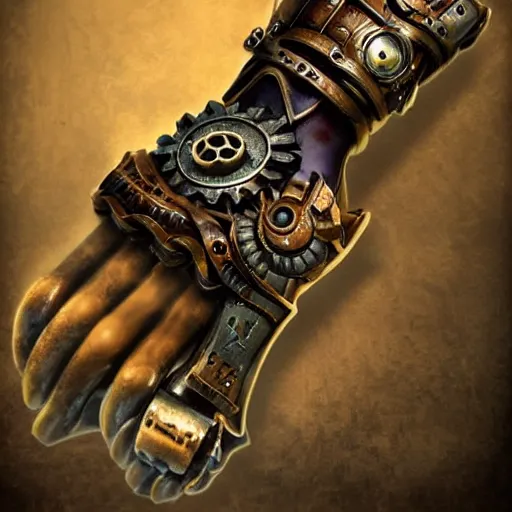 Image similar to A steampunk wristband that shoots out a grapple using steam canisters, epic fantasy art style HD