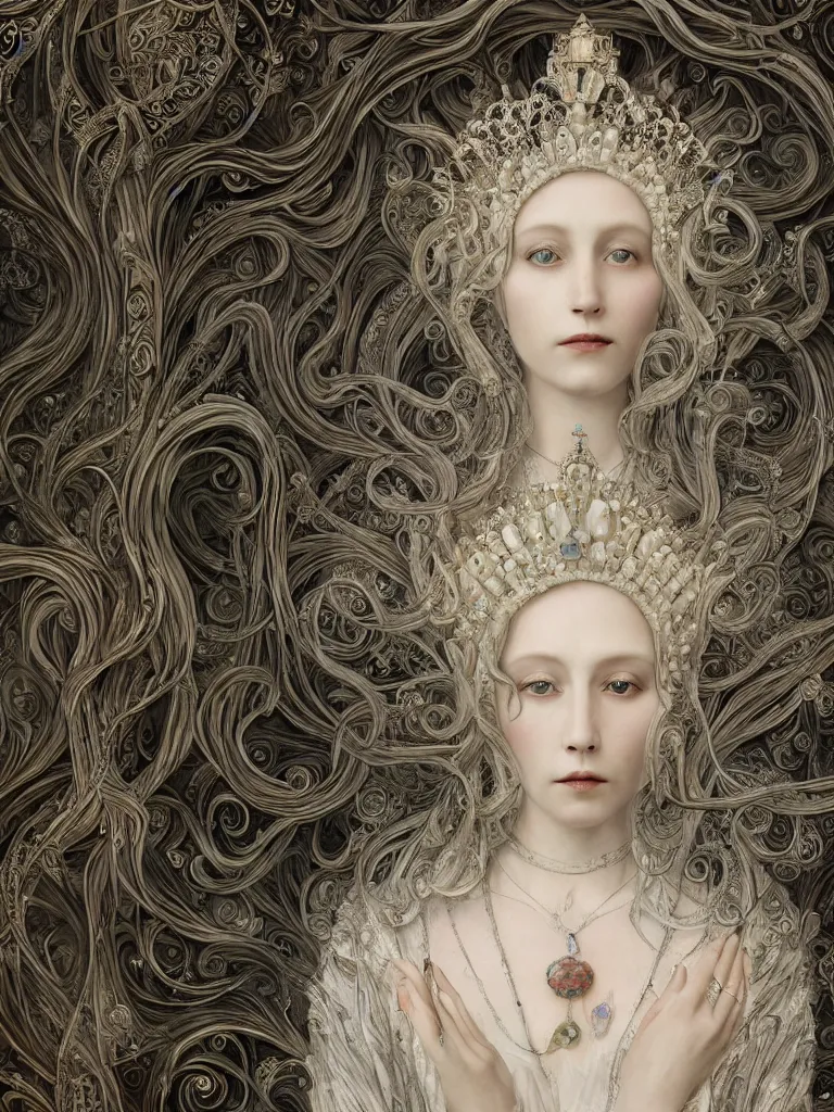Prompt: a beautiful queen made of crystal ivory and opal, highly intricate, digital art, very detailed, in the style of a weird and dark eerie liminal art nouveau flemish painting, 8k, octane render