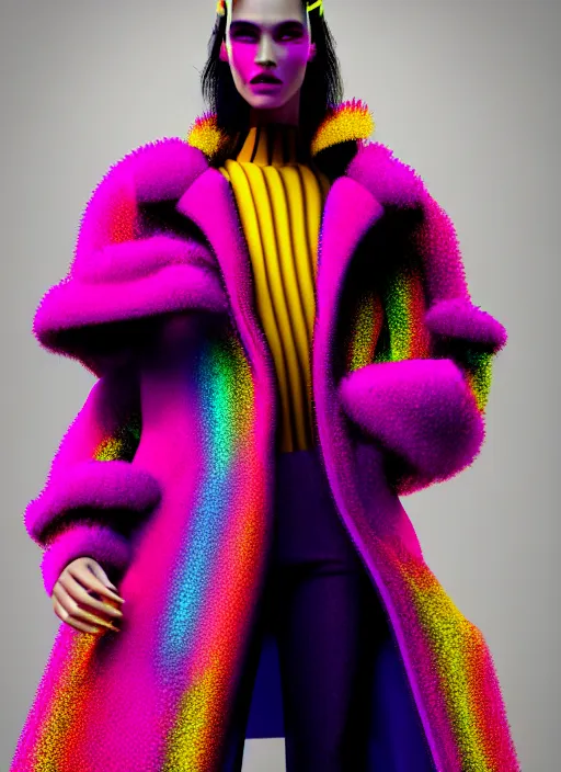 Image similar to coat for a rave, bright colors, many details, prints, photo for a magazine, photo for a store, fashion photography, Vogue, 135 mm, cinematic, hyper realism, high detail, octane render, 8k, chrome accents, perfect face