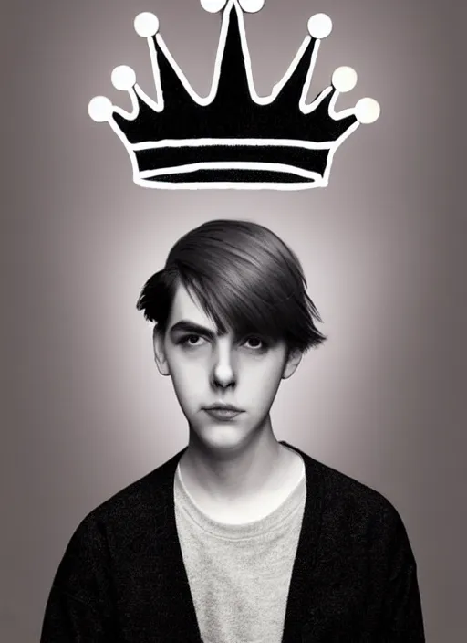 Image similar to portrait of teenage jughead jones wearing a light grey crown, photorealistic, crown, eyes closed, crown, black hair, sweater with letter s on it, letter s, intricate, elegant, glowing lights, highly detailed, digital painting, artstation, concept art, smooth, sharp focus, illustration, art by wlop, mars ravelo and greg rutkowski