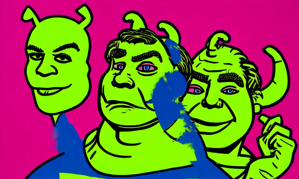 Prompt: a pop art drawing of shrek by andy warhol and roy lichtenstein and keith haring, 4 k, trending on artstation, detailed, film still