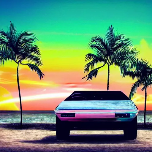 Prompt: miami beach sunset vapor wave palm trees 80s synth retrowave delorean decal car wide shot epic post apocalyptic landscape miami nuke fire craters end of the world