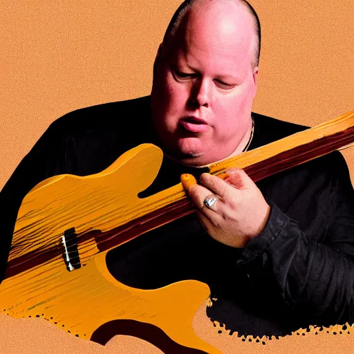 Image similar to Black Francis playing a giant piece of bacon like a guitar, illustration