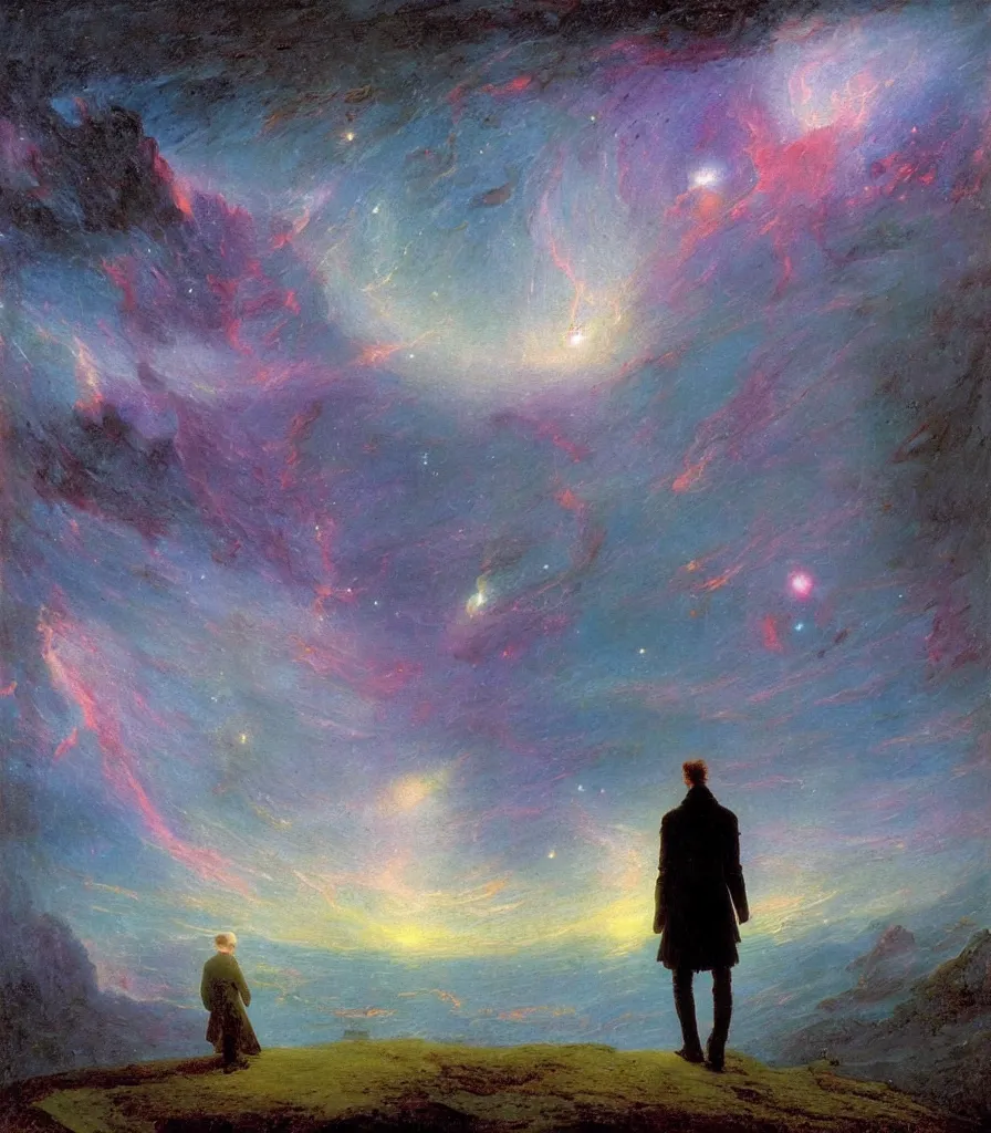 Prompt: an impasto oil painting of a futuristic wanderer gazing into a misty universe full of mystical colorful light nebulae and galaxie spainted by caspar david friedrich, light colors, impressionism