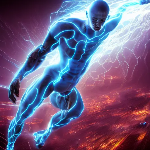 Image similar to photography of a hyper realistic highly detailed stunning humanoid creature, controls complex and highly detailed blue lightning storms as a super power. professionnal digital art, artstatiom, stuning, intricate, complex, unreal engine 5.