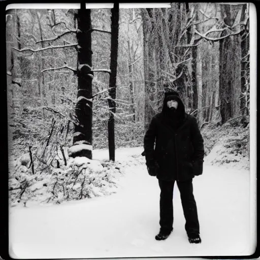 Image similar to vintage polaroid photograph of a man wearing black winter clothes and a black beanie in a snowy forest, standing next to a car