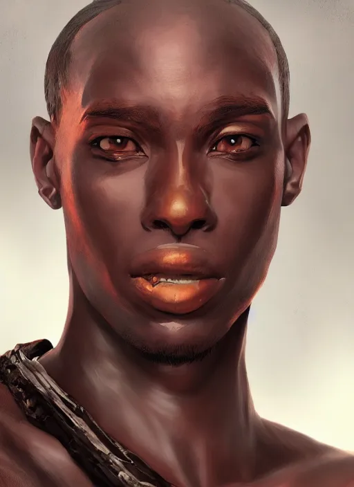 Image similar to An epic fantasy comic book style portrait painting of a skinny dark skinned thief who\'s good at martial arts, unreal 5, DAZ, hyperrealistic, octane render, cosplay, RPG portrait, dynamic lighting