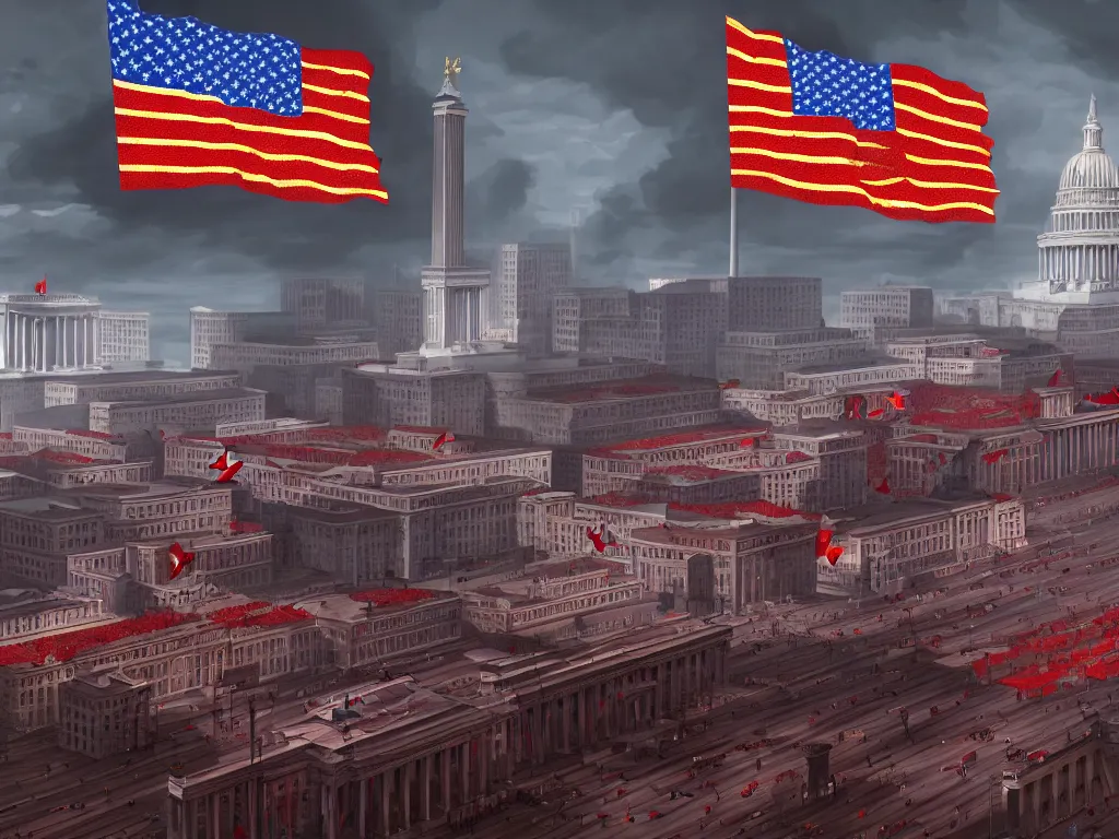 Image similar to landscape matte painting of a communist american state capital showing the triumph of communism in america, socialist american state flags, socialist statues, digital painting, modern city scape, conflict, camaraderie, sacrifice, hope, highly detailed, 4 k, artstation, photorealistic, architecture