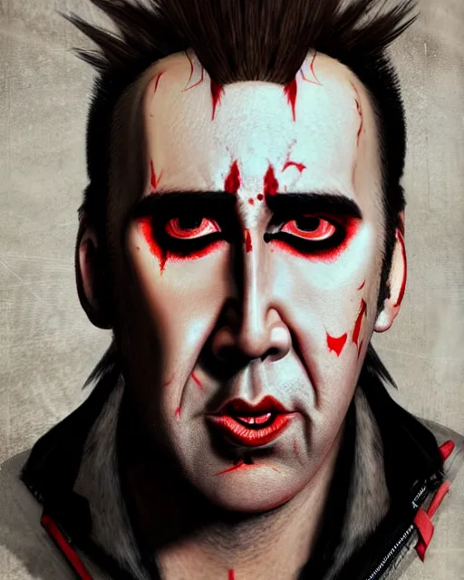 Prompt: nicolas cage with a short red dyed mohawk, red eyes, gauged ears, dressed in crustpunk clothing, headshot, attractive, handsome, in color, no makeup, model, trending on artstation, high quality art, character design, realism