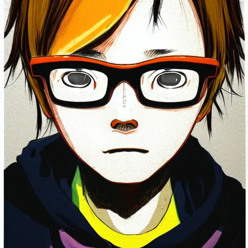 Image similar to a colorful portait of a man with an orange hoodie made by inio asano, detailed