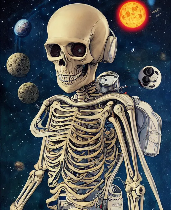 Prompt: full portrait of a skeleton as an astronaut, hyper detailed, award winning, exploring the galaxy painting by chiara bautista and karl kopinski and kim jung giu and weta studio, and lucasfilm and jesper ejsing and norman rockwell greg rutkowski frank frazzeta