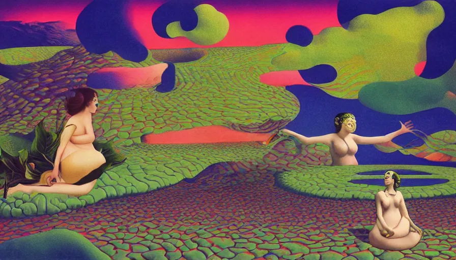 Image similar to musical goddess performing in the dome outside Osaka, surrealist psychedelic collage painting in the style of Magritte, Roger Dean, Yoshio Awazu, muted deep neon color