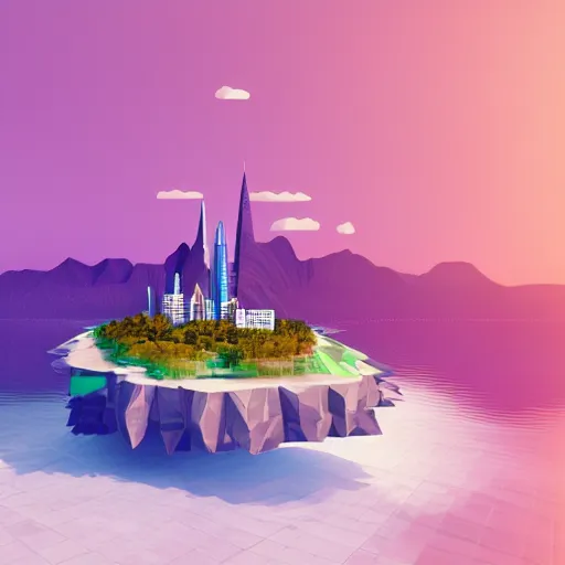 Image similar to manhattan on a floating island in the sky, waterfalls falling down, low poly art, isometric art, 3d render, ray tracing, high detail, artstation, concept art, behance, smooth, sharp focus, ethereal lighting