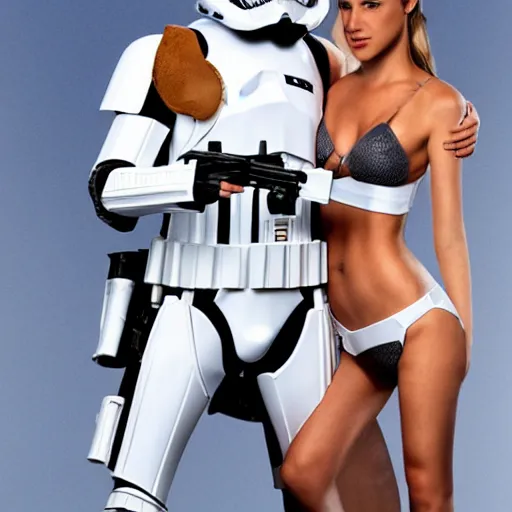 Prompt: female stormtrooper with stormtrooper - helmet in white bikini, bending over, tattoos of star wars symbols, color halftone pattern