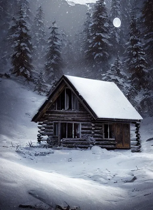 Image similar to an abandoned cabin on the top of a snowy mountain, waxing moon, greg rutkowski, 8 k, shallow depth of field, intricate detail, concept art,