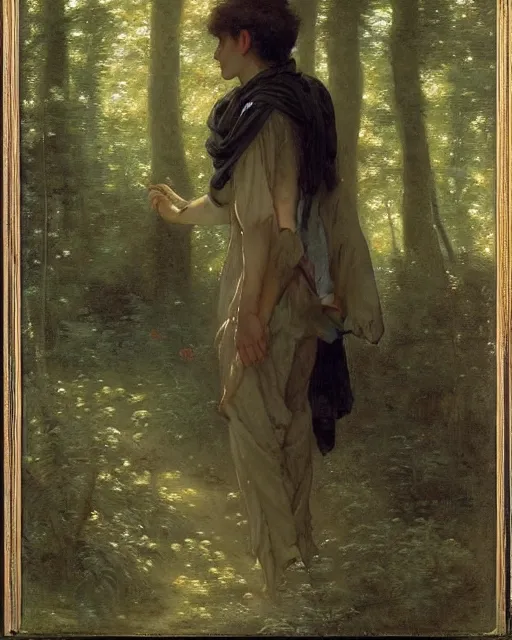 Image similar to a handsome anime man, he is walking in the forest, by Edgar Maxence and William-Adolphe Bouguereau