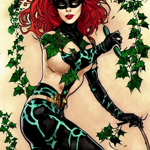 Image similar to a beautiful painting of poison ivy dressed as catwoman and catwoman dressed as poison ivy, intricate, elegant, highly detailed, digital painting, artstation, concept art, matte, sharp focus, illustration, art byby rebecca guay and by arthur rackham and by alphonse mucha and by john william waterhouse, comic book style!!