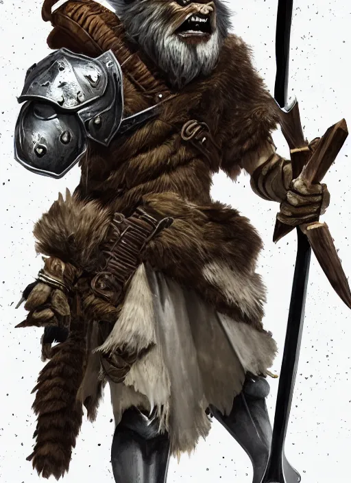 Image similar to strong young man, photorealistic bugbear ranger holding aflaming sword, black beard, dungeons and dragons, pathfinder, roleplaying game art, hunters gear, jeweled ornate leather and steel armour, concept art, character design on white background, by studio ghibli, makoto shinkai, kim jung giu, poster art, game art