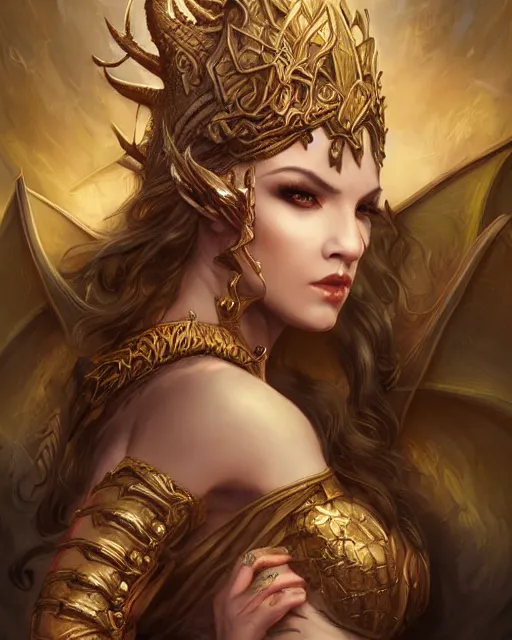 Image similar to a beautiful female dragon queen, 8 k, dark fantasy, hyperrealistic, perfect face, symmetrical, hyperdetailed, fantasy portrait by laura sava