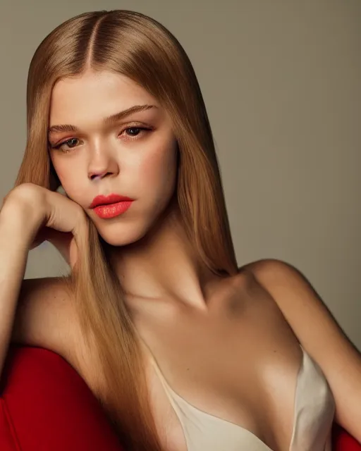 Prompt: Beautiful Head and shoulders portrait of confident flirty Nicola Peltz with straight long blonde hair and wet skin, wearing a bikini by alberto Vargas, arney freytag, artstation, 35mm, fashion photoshoot, posing on a red couch, , golden hour, bokeh, rim lighting, fashion pose, octane, 4k