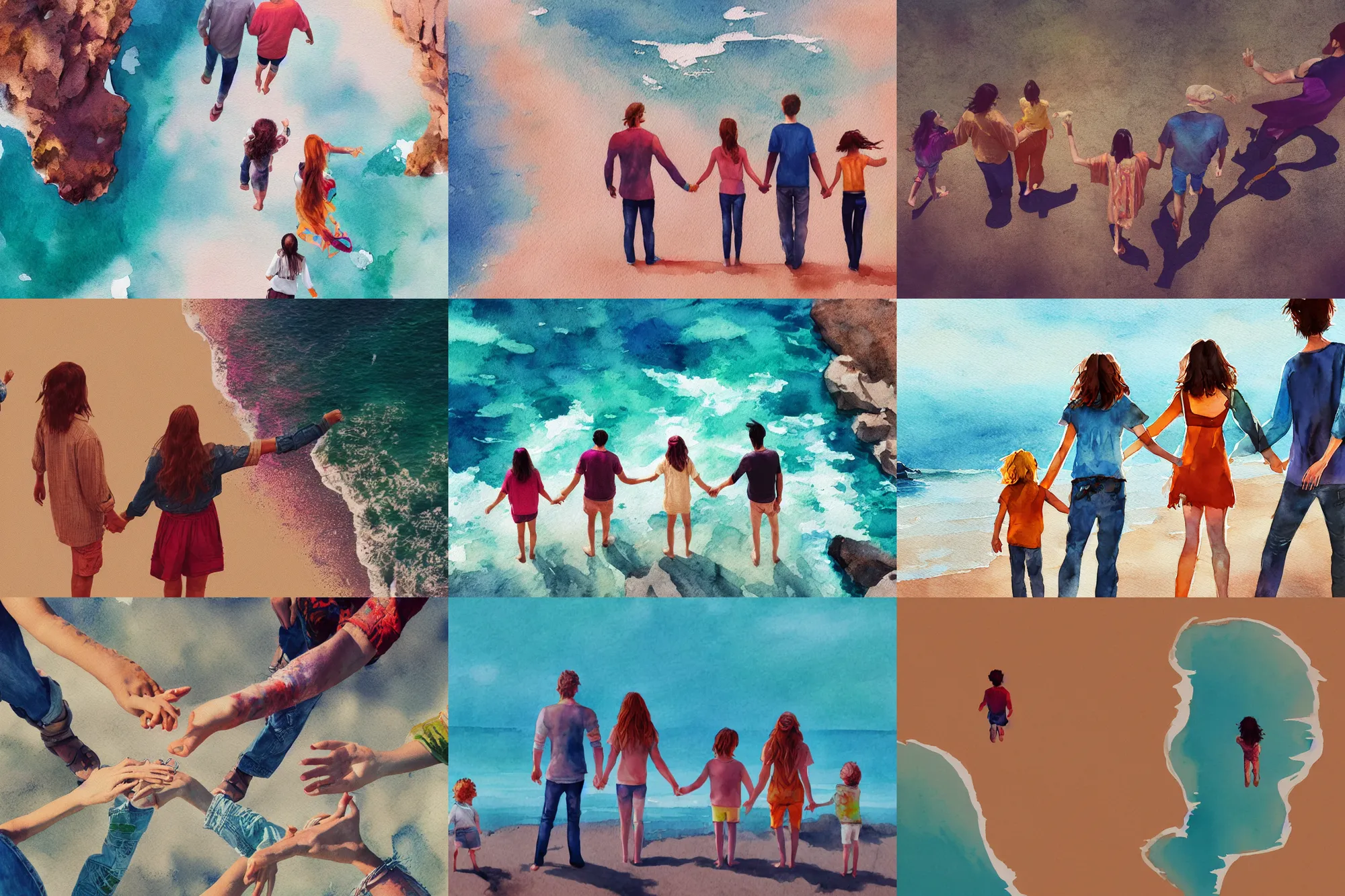 Image similar to hippie style family of woman, men, girl is taller, boy is shorter looking at the ocean holding hands, far - view, art, cinematic composition, octane render, high detail, 8 k, artstation trending, watercolor, artwork by tooth wu, colorful contrast, very coherent, thick lineart