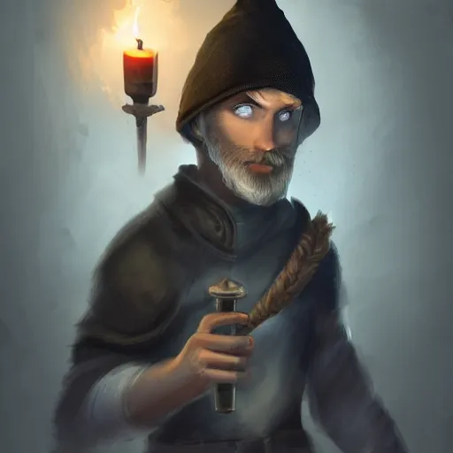 Image similar to a male adventurer wearing a black sleeping cap with a puffball, holding a candle, portrait, d & d, science fiction, concept art, matte, sharp focus, illustration, concept art, jason chan, dan luvisi, karl thiart, uhd, 4 k, very detailed