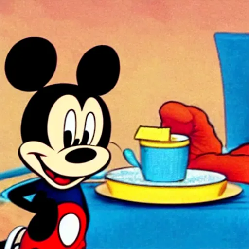 Image similar to film still from 1940s Mickey Mouse Cartoon. Mickey Mouse eating matzah.