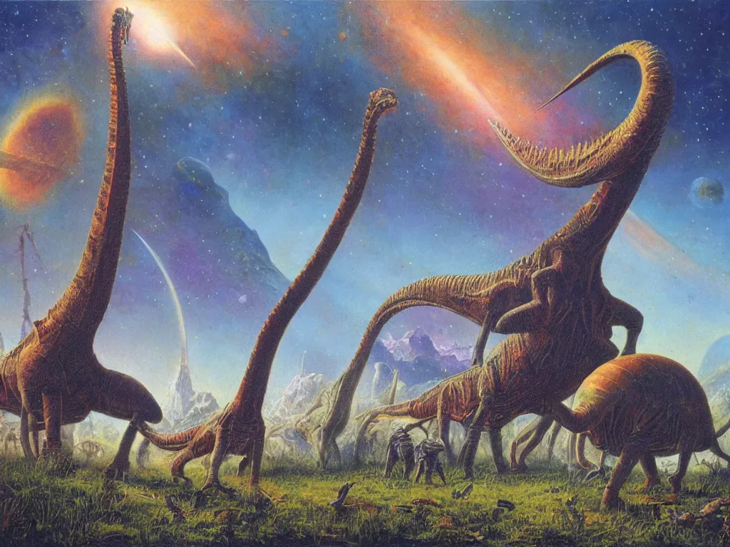 Image similar to no mans sky, acid, by bob eggleton, diplodocus