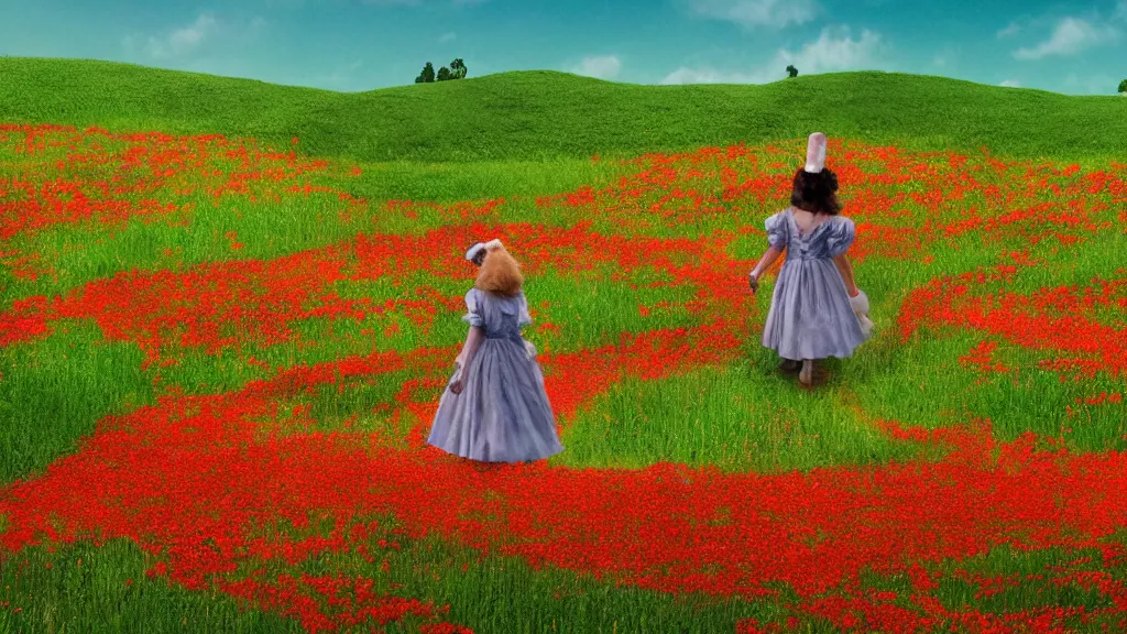 Image similar to dorothy and toto walk down the yellow brick road through a field of poppies, emerald city looms in the distance, technicolor, 4 k