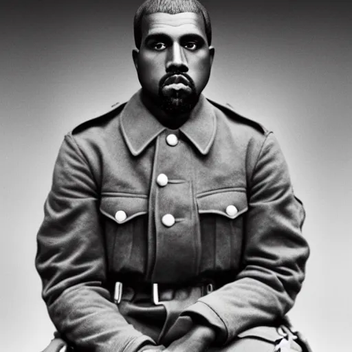 Image similar to vintage monochrome photograph of Kanye West sitting in a trench in world war one, 8k, highly intricate, highly detailed, cinematic,