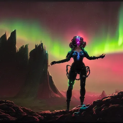 Image similar to an epic grim hyperdetailed 3 d matte painting of a female cyberpunk cyborg sorceress on a distant sci - fi planet under dramatic aurora borealis by peter mohrbacher by dan mumford by jakub rozalski by yoji shinkawa