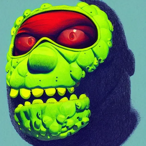 Prompt: a tennis ball monster wearing balaclava, digital art, fantasy, magic, trending on artstation, ultra detailed, professional illustration by Basil Gogos