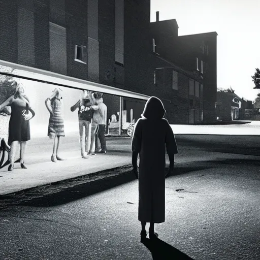 Prompt: street scene by gregory crewdson at a car park a woman looks up at a ufo