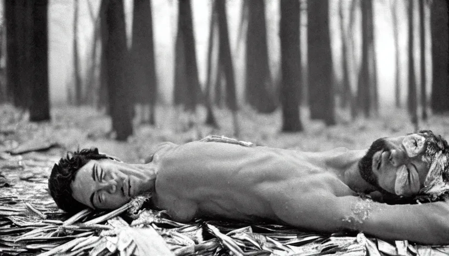 Image similar to 1 9 6 0 s movie still close up of a skinny emperor marcus aurelius with frozen face and a frozen toga, laying down on the danube's shore pine forests, cinestill 8 0 0 t 3 5 mm b & w, high quality, heavy grain, high detail, cinematic composition, dramatic light, anamorphic, hyperrealistic, foggy