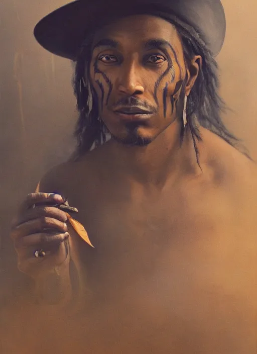 Image similar to a beautiful portrait of an indigenous man with black skin with a wide hat in the jungle, surrounded by smoke, smoking a pipe, mysterious atmosphere, fantasy art, matte painting, highly detailed