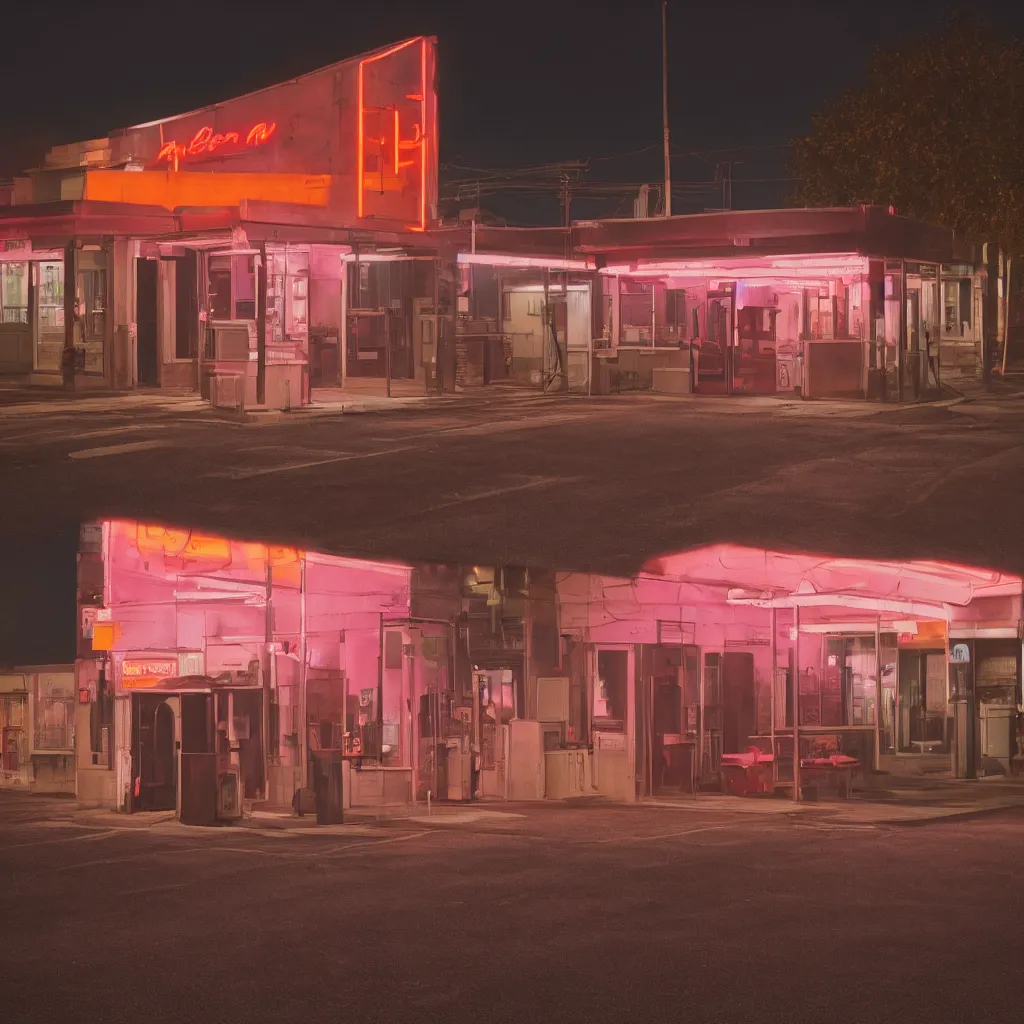 Image similar to an empty parking lout outside an abandoned retro diner at night, by lee madgwick, pink and orange neon lights, highly detailed, photorealistic, artstation trending, cryengine 8 k uhd