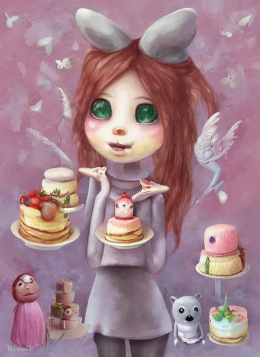 Image similar to fnafs eating cakes painted by nicoletta ceccoli, detailed digital art, trending on Artstation