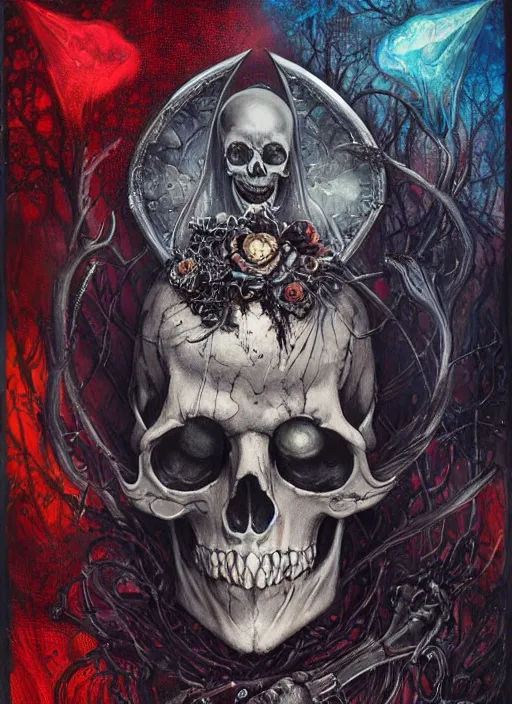 Prompt: the knave of hearts, death tarot card, highly detailed, half skull face, cinematic, 8 k, by megan duncanson, benjamin lacombe, adrian borda, stanley artgermm, tom bagshaw, craig mullins, carne griffiths, ayami kojima, beksinski, giger, trending on deviantart, hyper detailed, horror, full of colour